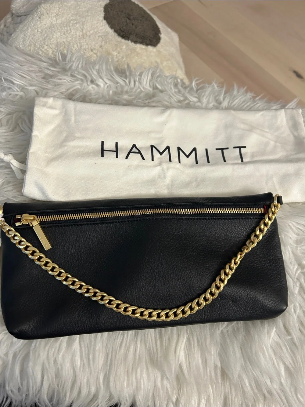 Hammitt Black Leather Foldover Clutch with Gold Chain